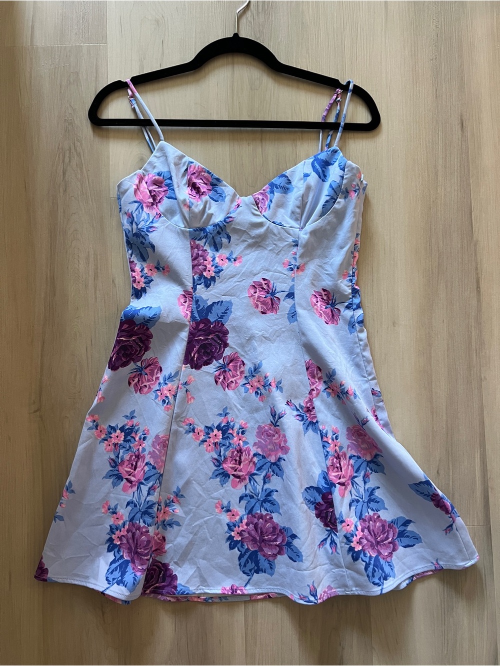 Zara Light Blue Floral Slip Dress with Pink & Purple Roses